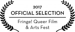Black laurel leaves on a white background encircle the words Official Selection Fringe! Queer Film & Arts Fest